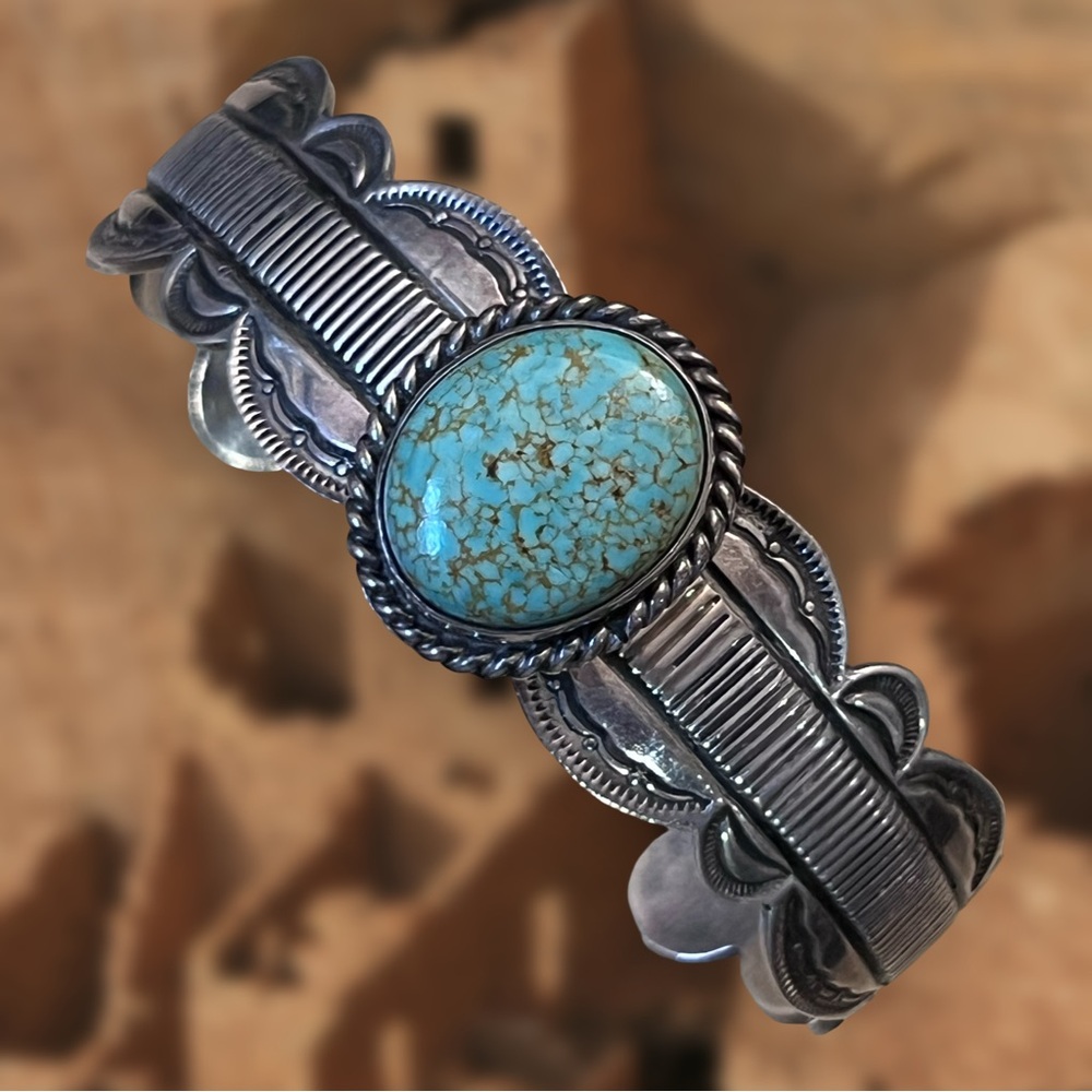 Hand Tooled, Native American Turquoise Sterling Silver Cuff by Alex Sanchez